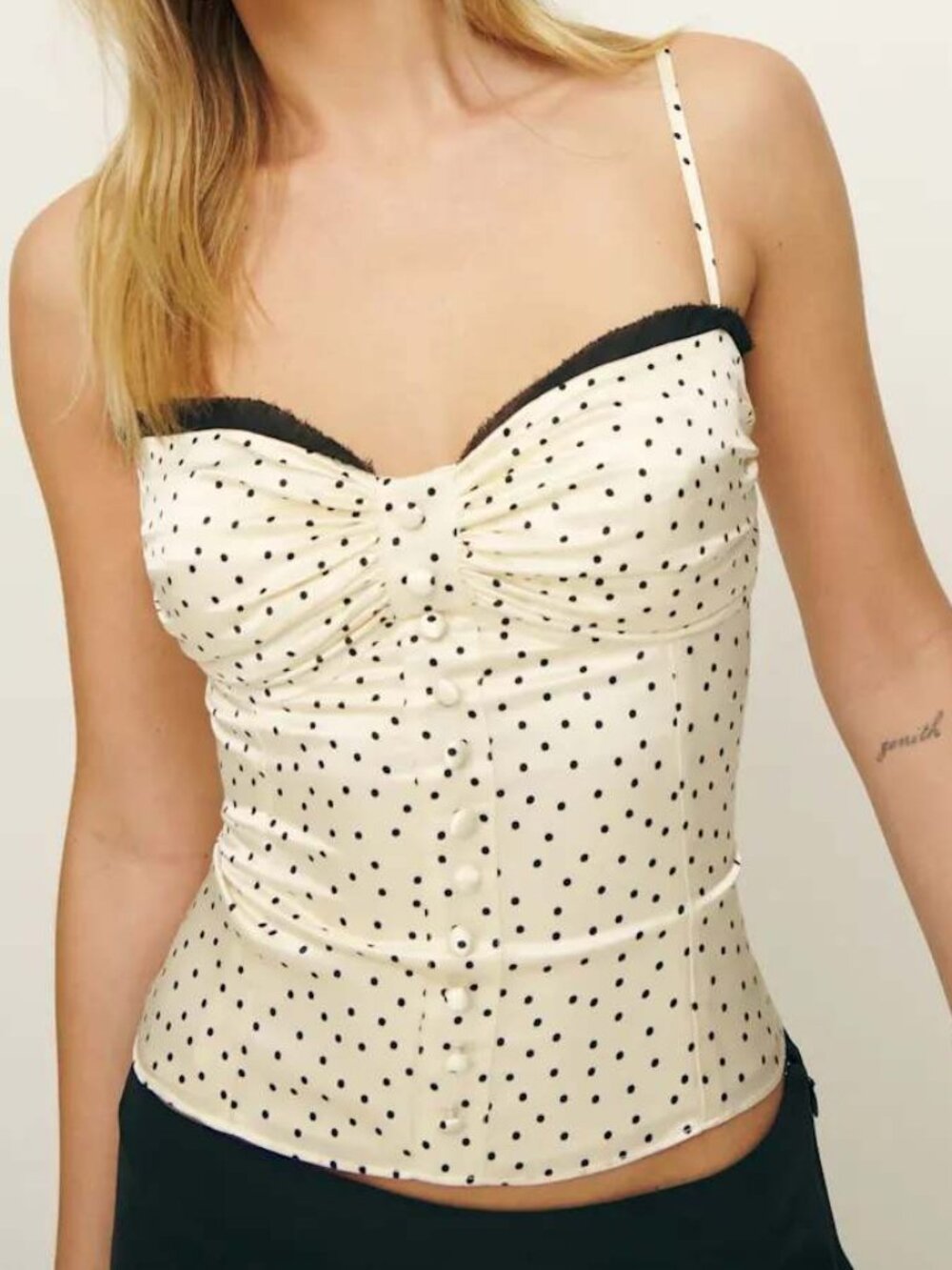 Reformation Ursula Silk Top Salt and Pepper | Polka Dot Cami 12